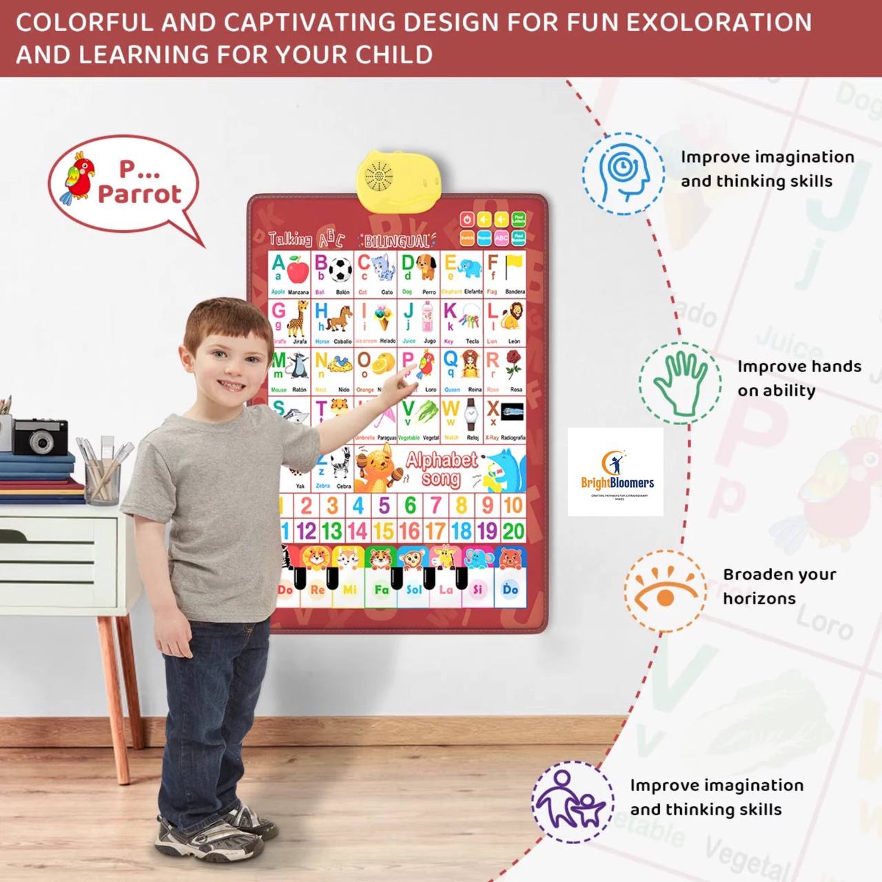 Electronic Alphabet Wall Chart, Educational Toys ABC Preschool Poster, Alphabet Learning Toys, Toys for Ages 2-6, English & Spanish, Red