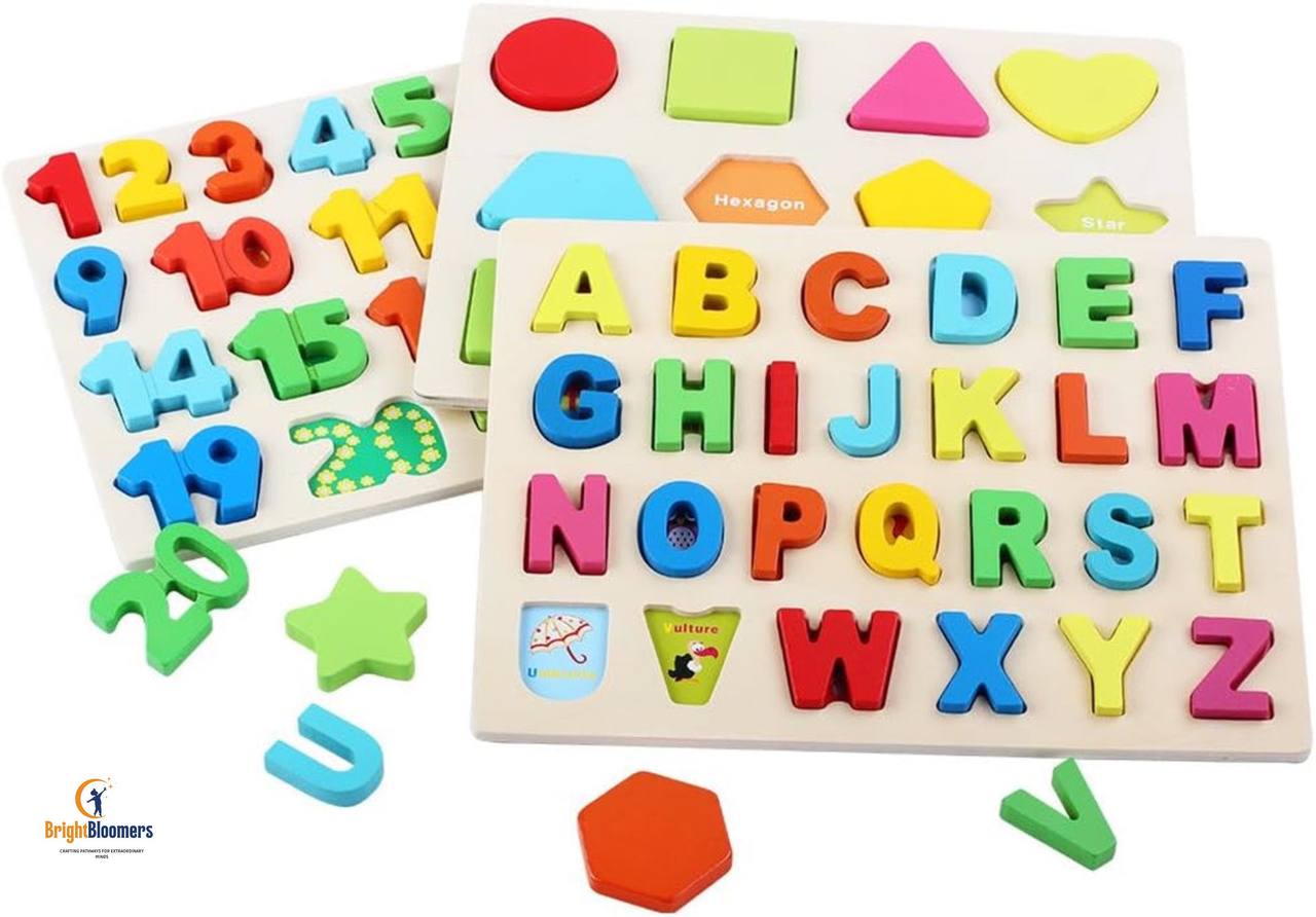 Wooden Puzzles for Toddlers, Wooden Alphabet Number Shape Puzzles Toddler Learning Puzzle Toys for Kids, 3 in 1 Puzzle for Toddlers, Age 3+ (Set of 3)