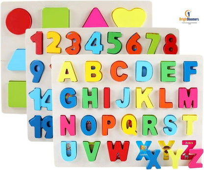 Wooden Puzzles for Toddlers, Wooden Alphabet Number Shape Puzzles Toddler Learning Puzzle Toys for Kids, 3 in 1 Puzzle for Toddlers, Age 3+ (Set of 3)