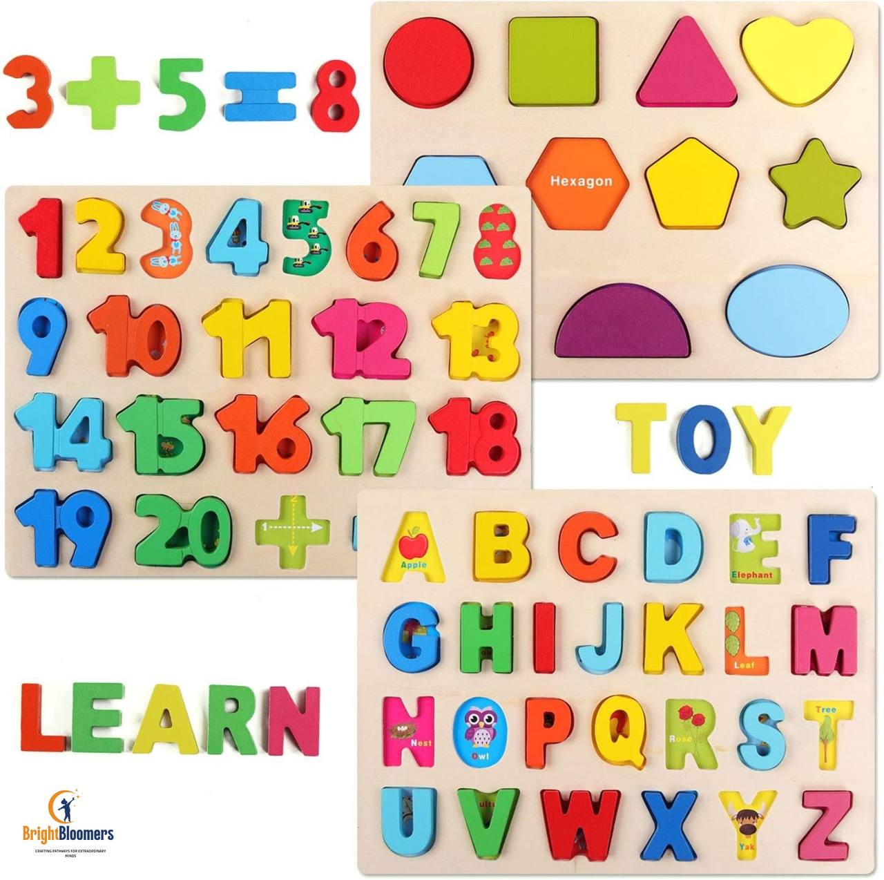 Wooden Puzzles for Toddlers, Wooden Alphabet Number Shape Puzzles Toddler Learning Puzzle Toys for Kids, 3 in 1 Puzzle for Toddlers, Age 3+ (Set of 3)