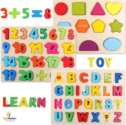 Wooden Puzzles for Toddlers, Wooden Alphabet Number Shape Puzzles Toddler Learning Puzzle Toys for Kids, 3 in 1 Puzzle for Toddlers, Age 3+ (Set of 3)