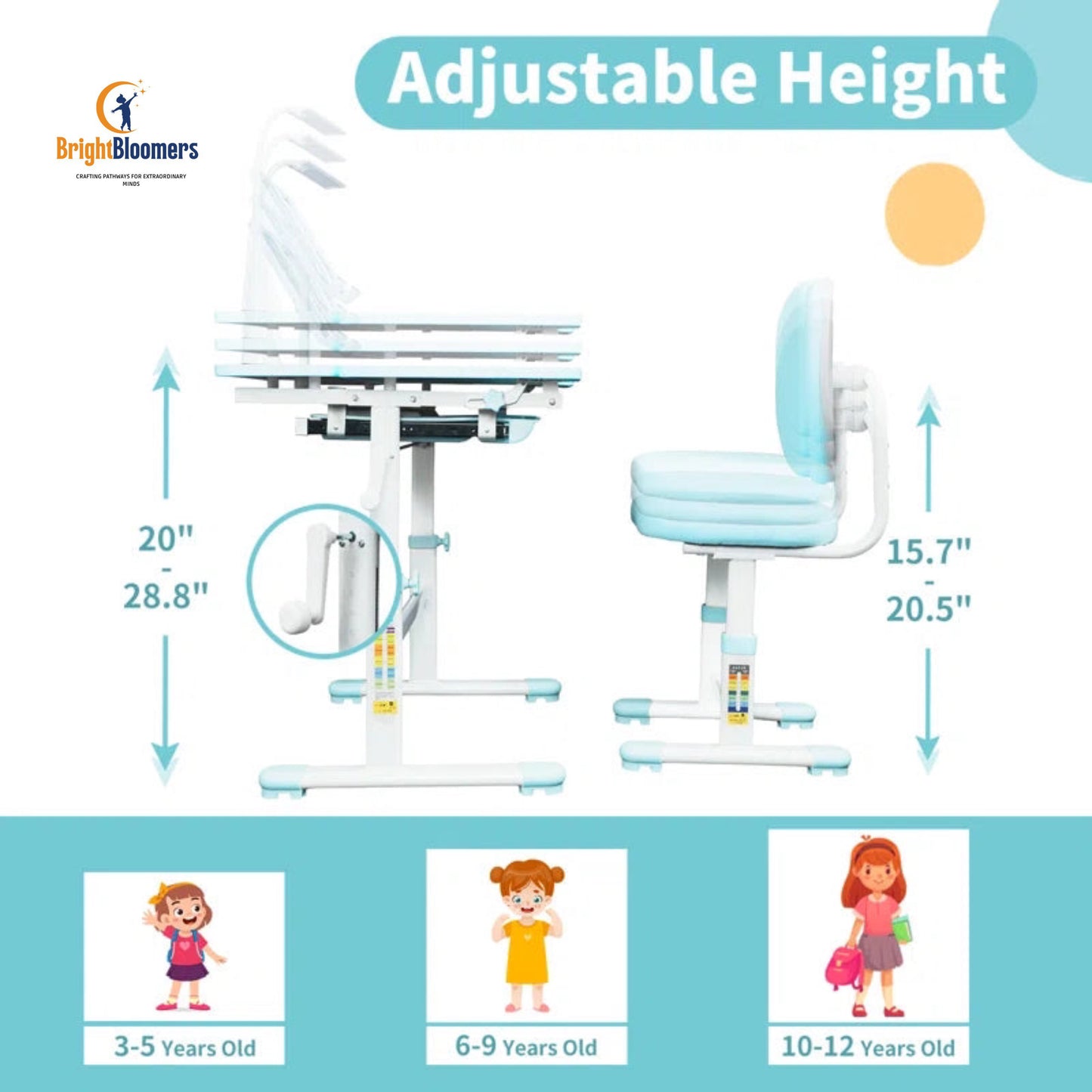 3-In-1 Kids Desk, Chair Set and Height-Adjustable with Led Lamps and 60° Tilting Tabletop