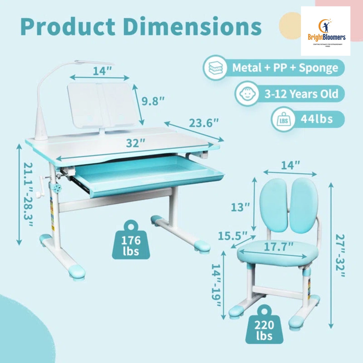 3-In-1 Kids Desk, Chair Set and Height-Adjustable with Led Lamps and 60° Tilting Tabletop