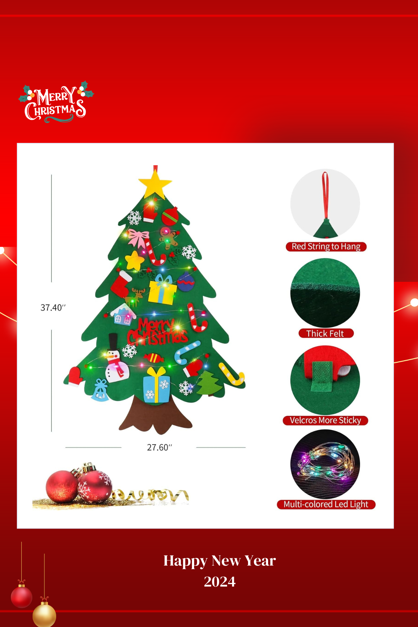 Festive Christmas Tree Wall Hanging with Detachable Ornaments