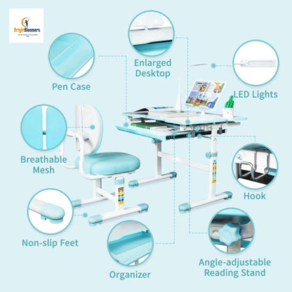 3-In-1 Kids Desk, Chair Set and Height-Adjustable with Led Lamps and 60° Tilting Tabletop