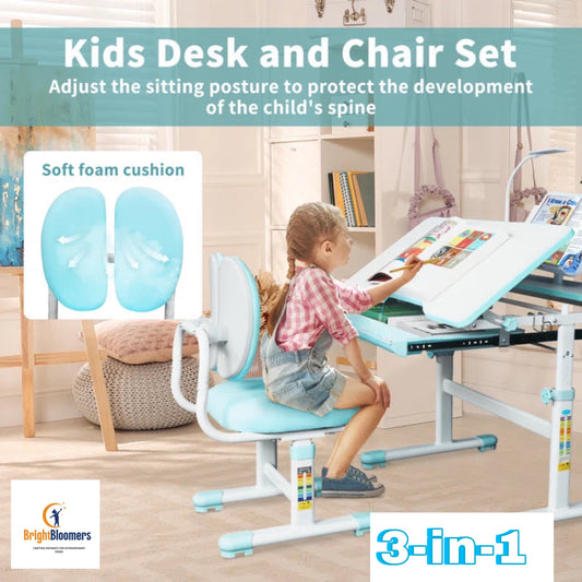 3-In-1 Kids Desk, Chair Set and Height-Adjustable with Led Lamps and 60° Tilting Tabletop